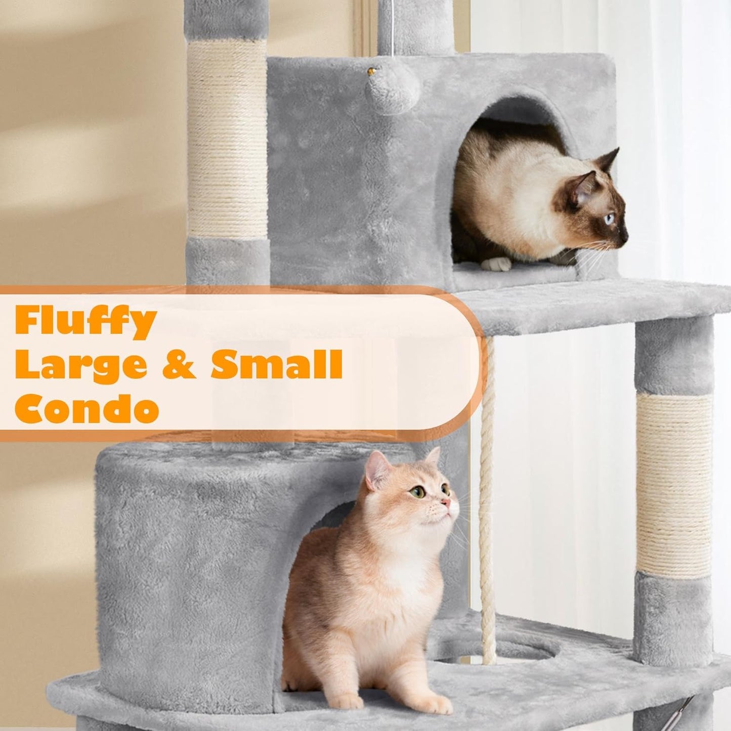 62.5" Multi-Level Cat Tree Tower with Condo, Hammock, Scratching Posts & Plush Perches – Light Gray
