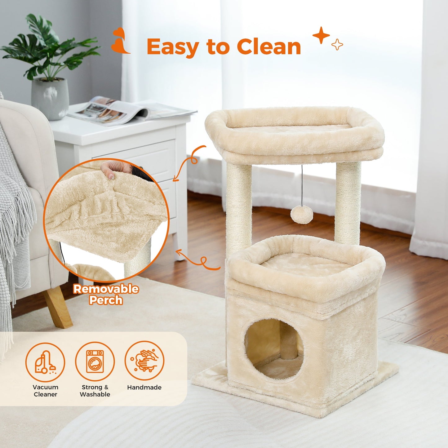 27" Plush Cat Tree with Cozy Condo, Scratching Posts & Top Perch for Medium Cats