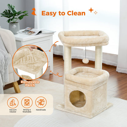 27" Plush Cat Tree with Cozy Condo, Scratching Posts & Top Perch for Medium Cats