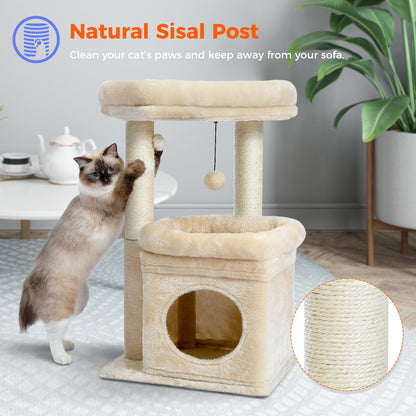 27" Plush Cat Tree with Cozy Condo, Scratching Posts & Top Perch for Medium Cats