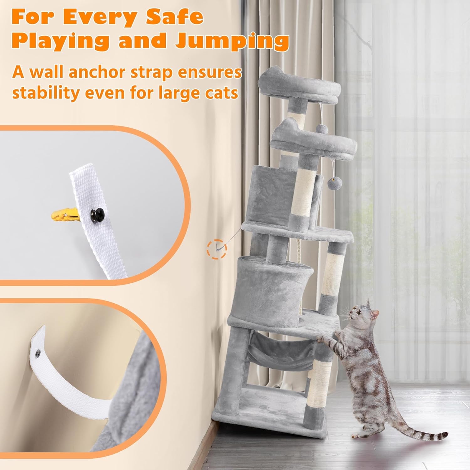 62.5" Multi-Level Cat Tree Tower with Condo, Hammock, Scratching Posts & Plush Perches – Light Gray