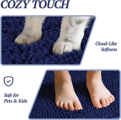 Ultra-Absorbent Dog Door Mat – Washable Chenille Mud Rug with Waterproof Non-Slip Backing (31" × 20", Navy Blue)
