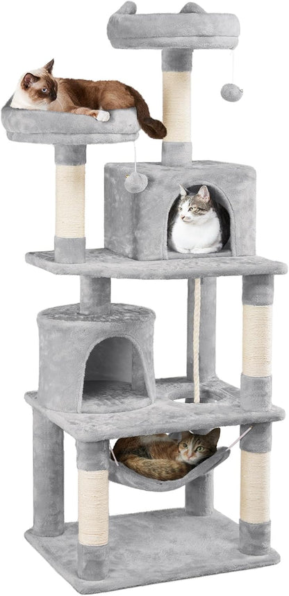 62.5" Multi-Level Cat Tree Tower with Condo, Hammock, Scratching Posts & Plush Perches – Light Gray