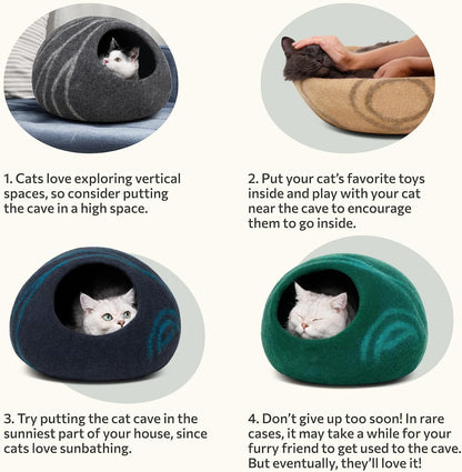 Handmade Merino Wool Cat Cave Bed – Premium Felt Cat Hideaway for Indoor Cats (Aquamarine)