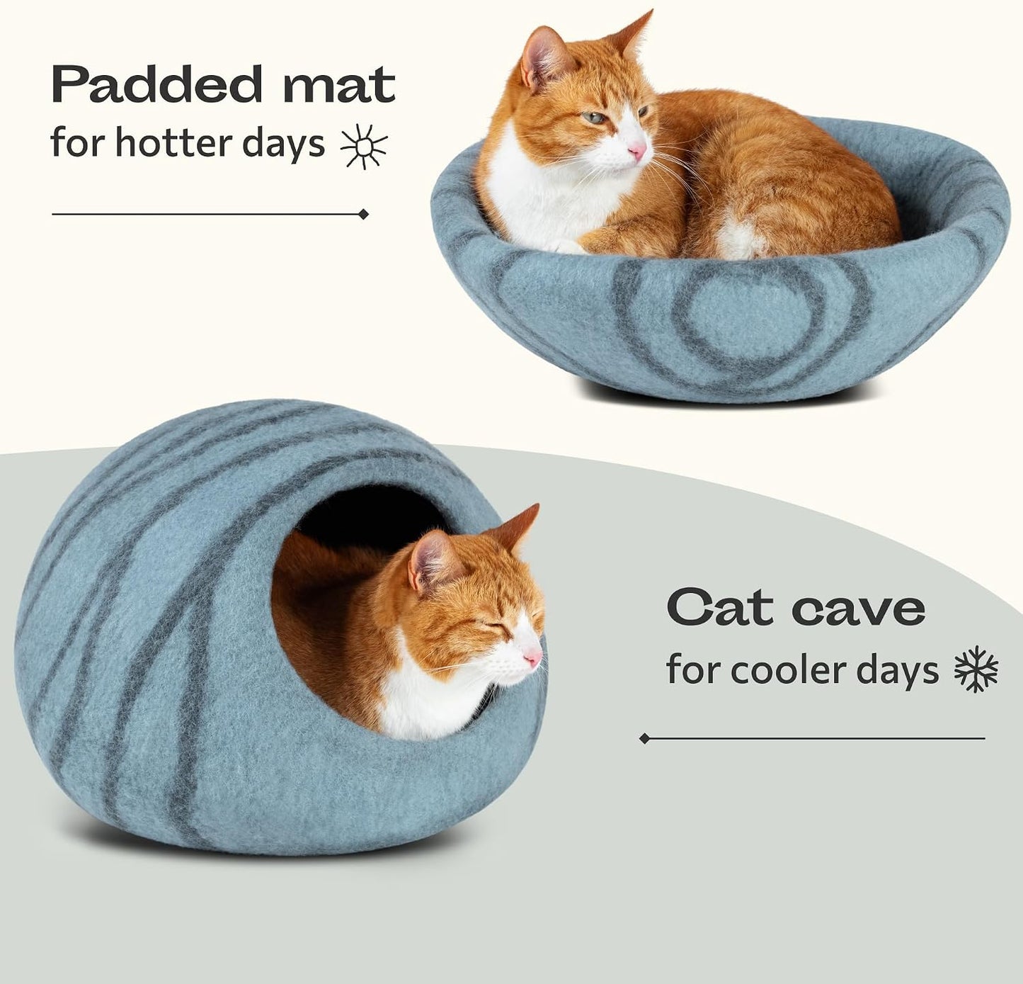 Handmade Merino Wool Cat Cave Bed – Premium Felt Cat Hideaway for Indoor Cats (Aquamarine)