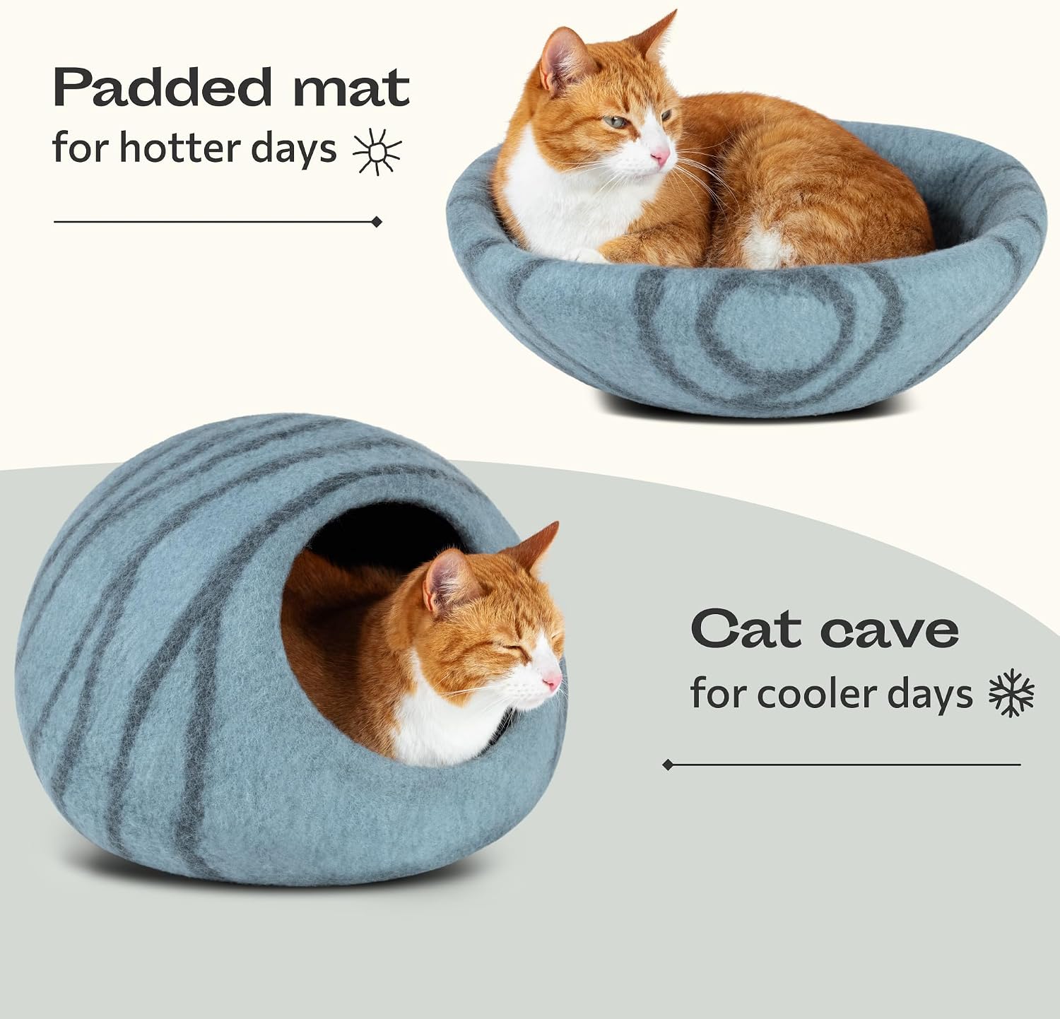 Handmade Merino Wool Cat Cave Bed – Premium Felt Cat Hideaway for Indoor Cats (Aquamarine)