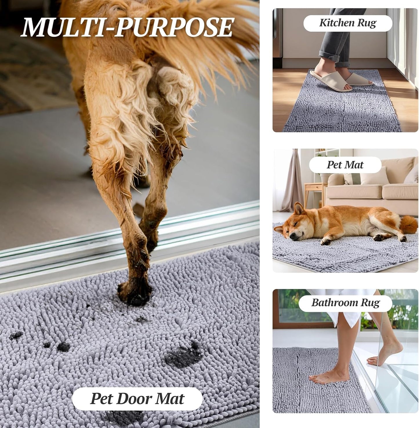 Ultra-Absorbent Dog Door Mat – Washable Chenille Mud Rug with Waterproof Non-Slip Backing (31" × 20", Navy Blue)