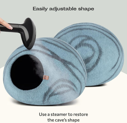 Handmade Merino Wool Cat Cave Bed – Premium Felt Cat Hideaway for Indoor Cats (Aquamarine)