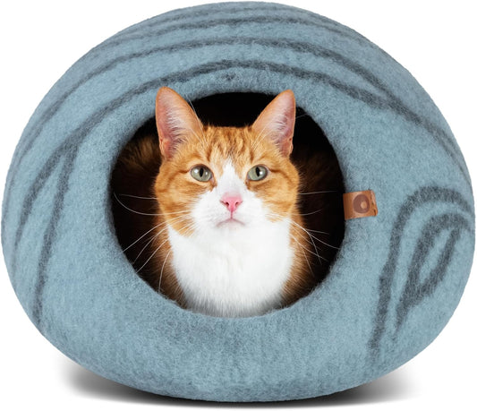 Handmade Merino Wool Cat Cave Bed – Premium Felt Cat Hideaway for Indoor Cats (Aquamarine)