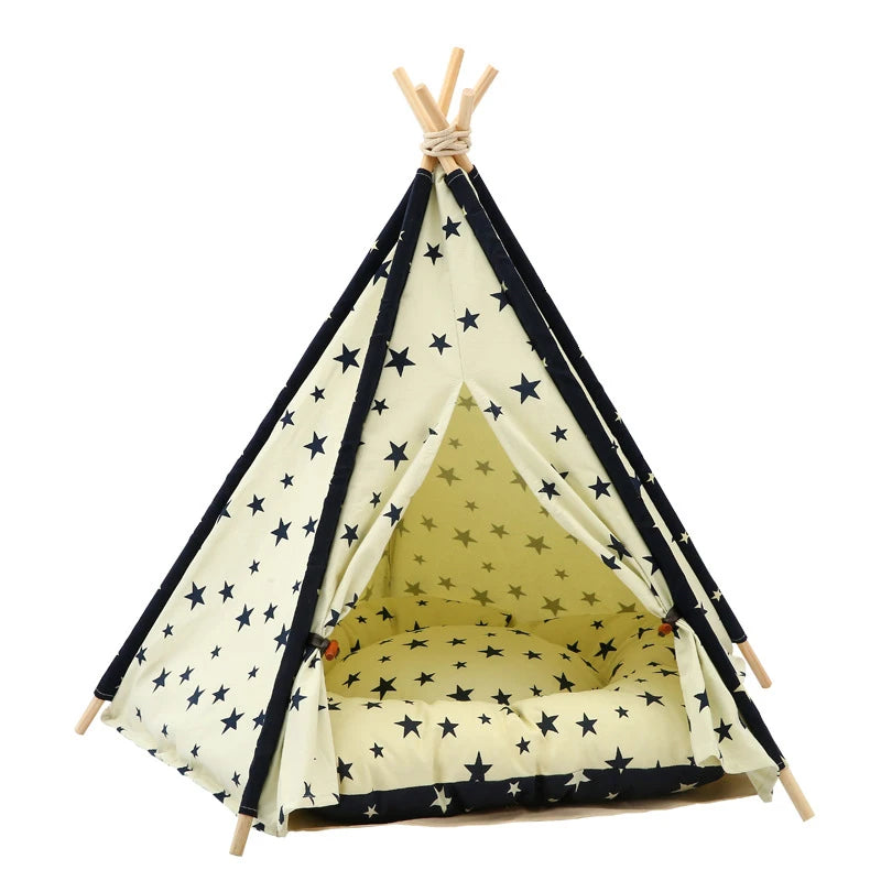 Portable Pet Teepee Tent Bed – Cozy Indoor & Outdoor Cat & Dog House with Plush Cushion