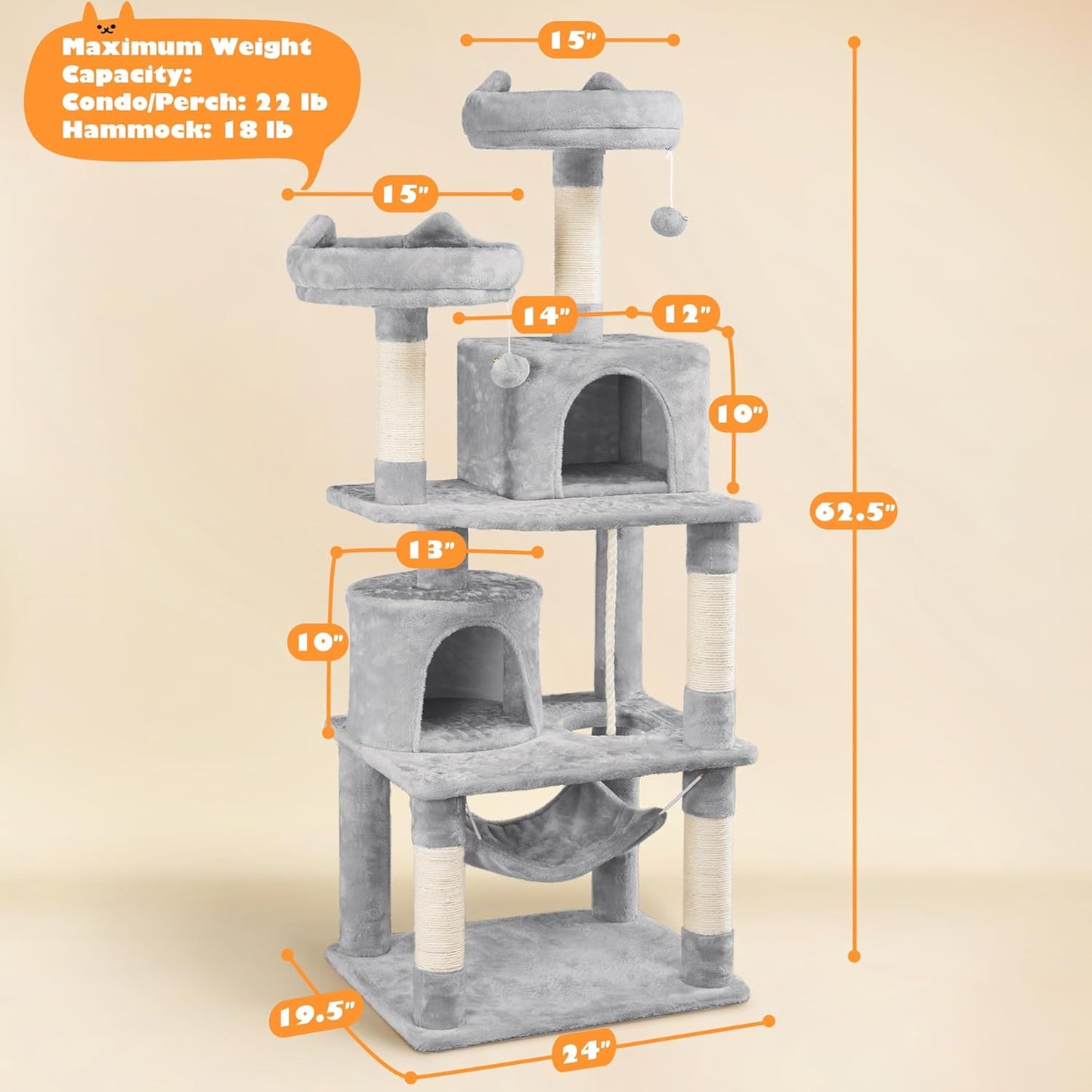 62.5" Multi-Level Cat Tree Tower with Condo, Hammock, Scratching Posts & Plush Perches – Light Gray