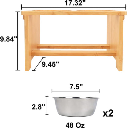 Elevated Bamboo Dog Bowl Stand with 2 Stainless Steel Bowls – Raised Pet Feeder for Small, Medium & Large Dogs