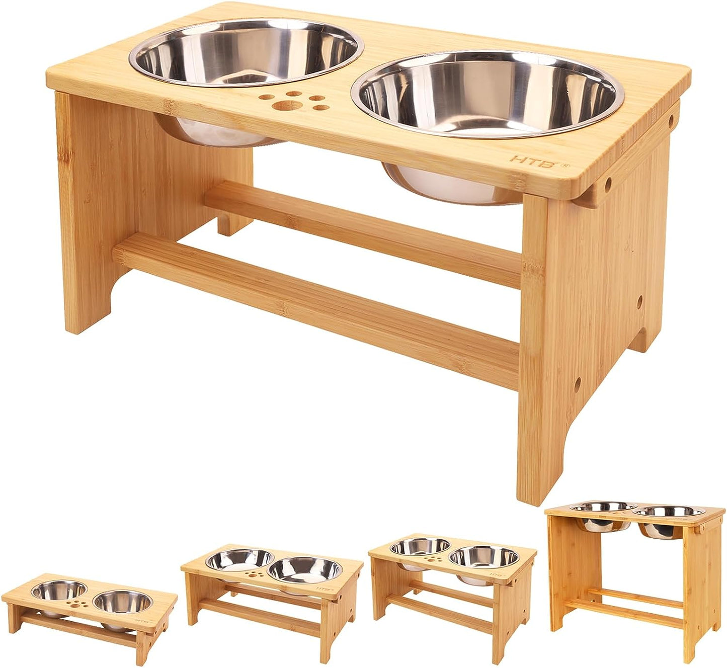 Elevated Bamboo Dog Bowl Stand with 2 Stainless Steel Bowls – Raised Pet Feeder for Small, Medium & Large Dogs