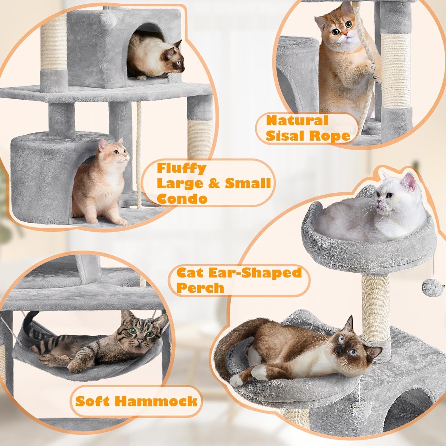 62.5" Multi-Level Cat Tree Tower with Condo, Hammock, Scratching Posts & Plush Perches – Light Gray